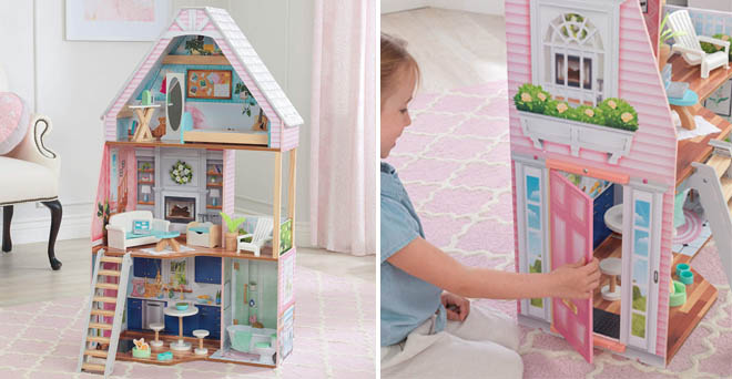 a Kid Playing with a Kidkraft Matilda Wooden Dollhouse