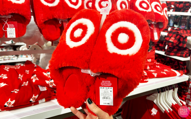 a Person Holding Wondershop Bullseye Scuff Slippers