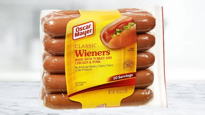 A Pack of Oscar Mayer Classic Hotdog Wieners 10 Pack on a Marble Kitchen Top