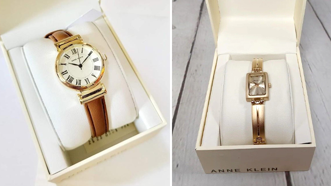 Anne Klein Womens Leather Strap Watch on the Left and Anne Klein Womens Gold Tone Dress Watch