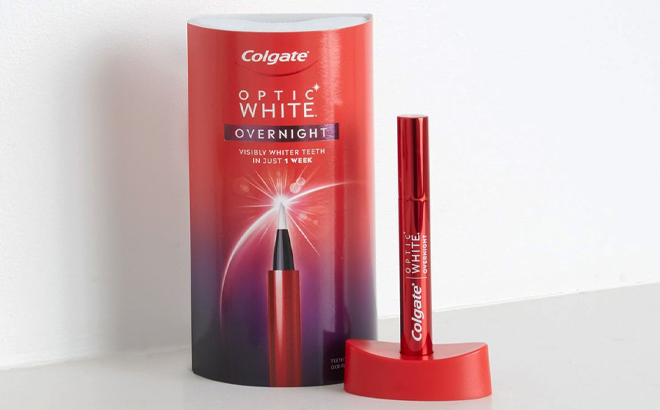 Colgate Optic White Overnight Teeth Whitening Pen on a Table