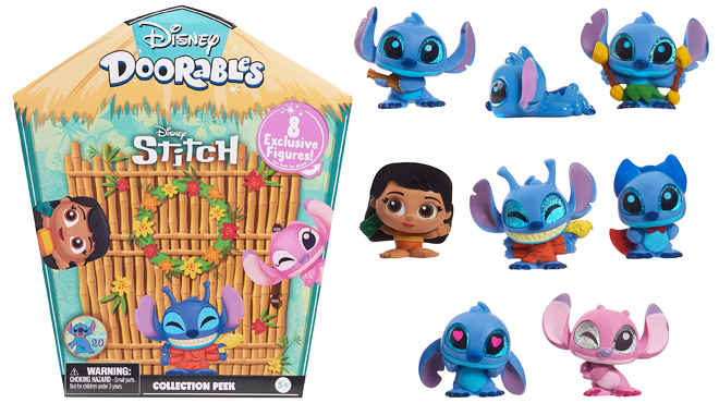 Disney Doorables Stitch Collection Peek on the Left and Stitch Figures Included in the Set on the Right