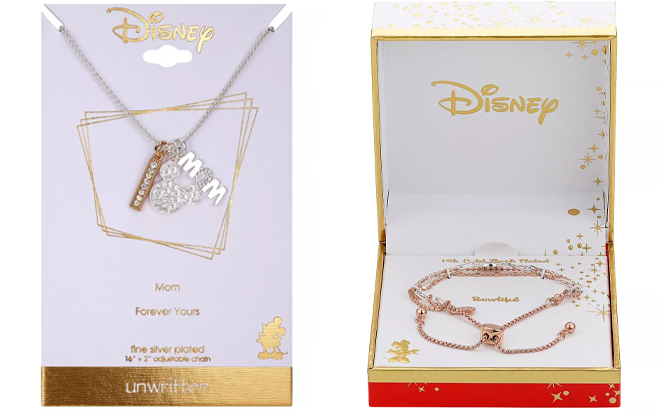 Disney Mickey Mouse Mom and Crystal Bar Charm Necklace and Minnie Mouse Bolo Bracelet