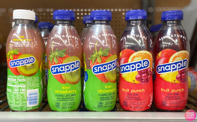 Five Snapple Drinks in Kiwi Strawberry and Fruit Punch Flavors on a Shelf