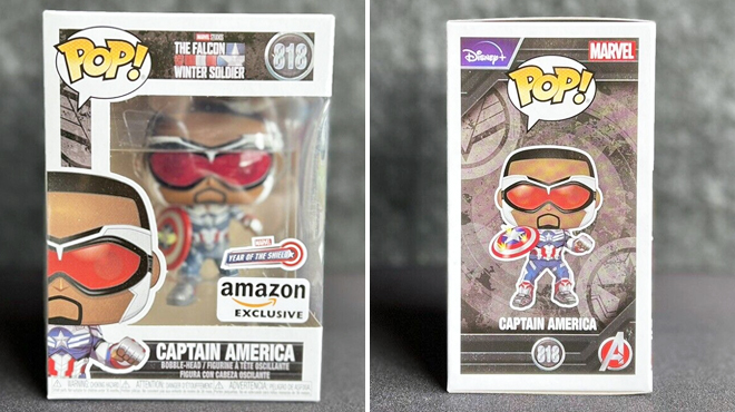 Funko Pop Marvel Captain America Year of the Shield Figure on the Left and Same Item in Side View on the Right