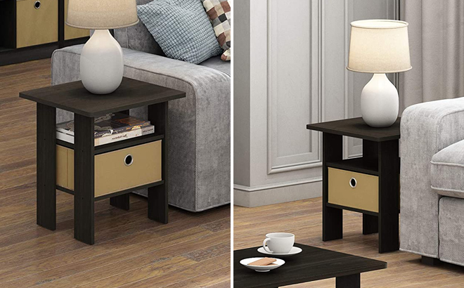 Furinno Andrey End Table with Bin Drawer Next To a Sofa