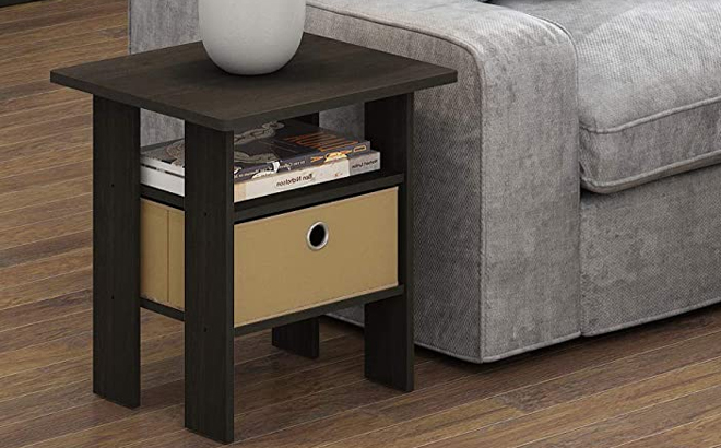 Furinno Andrey End Table with Bin Drawer in Espresso And Brown Color