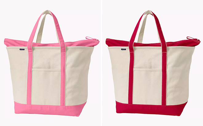 Lands End Natural Zip Top Canvas Tote Bag in Pink and Red Color