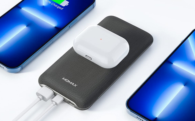 MOMAX Wireless Portable Charger 10000mAh MFi Power Bank Lightning Input 20W PD QC 3 0 USB C External Battery Pack 2 Input 3 Output Phone Charger for iPhone Airpods Samsung Android