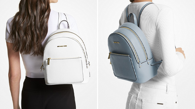 Models Wearing Michael Kors Adina Medium Pebbled Leather Backpack in Blue and White