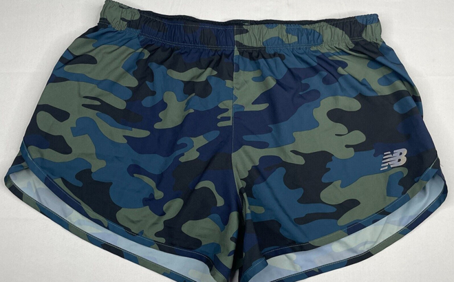 New Balance Womens Shorts in Camo on a Gray Background