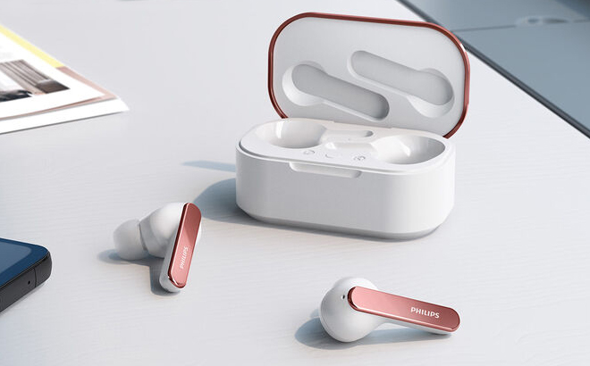 Philips True Wireless Noise Canceling Earbuds with Wireless Charging Case in White and Pink Color