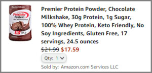 Screenshot of Premier Protein Powder Chocolate Discount at Amazon Checkout