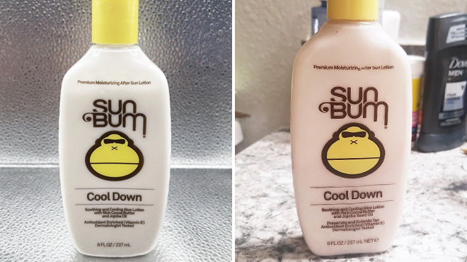 Sun Bum Cool Down 8 Ounce Aloe Vera Lotion on the Left and Same Item on Marble Sink on the Right