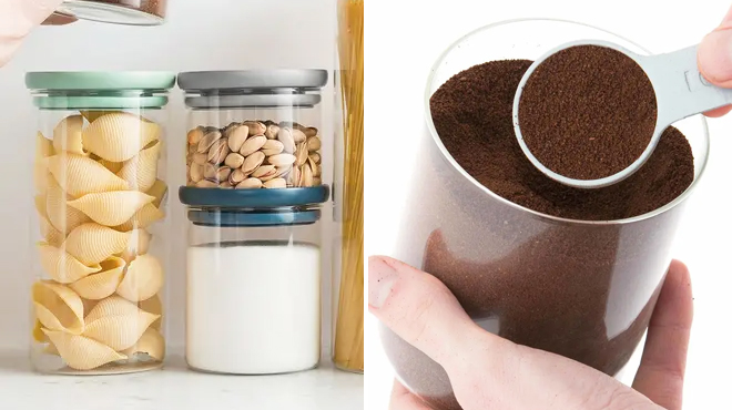 Three Berghoff Glass Food Containers on the Left and a Glass Container with Serving Spoon and Coffee on the Right