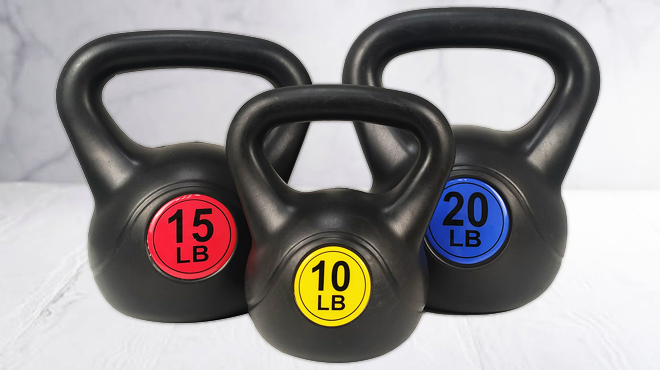 Three Kettlebells in 15 10 and 20 Pounds