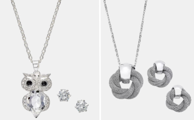 Twisted Knot Pendant Necklace and Earrings Set and and Crystal Owl Pendant Necklace Solitaire Stud Earrings Set