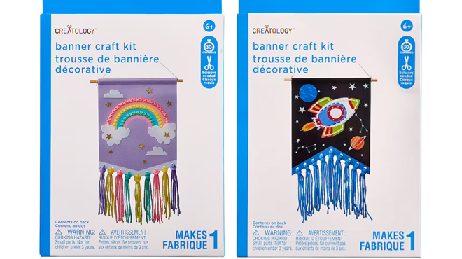 Two Creatology Banner Craft Kits in Rainbow Kit on the Left and Rocket Kit on the Right