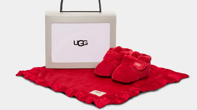 UGG Bixbee Booties and Lovey Blanket Set on a Gray Background