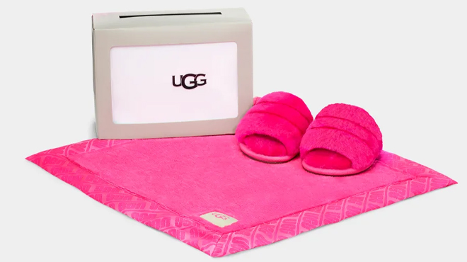 UGG Fluff Yeah Slides and Lovey Set on a Gray Background