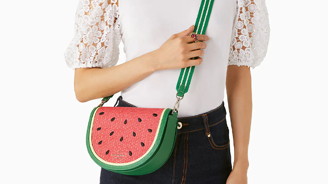 Woman Wearing Kate Spade Watermelon Crescent Crossbody