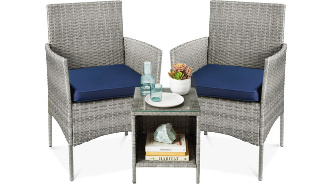 3 Piece Outdoor Patio Wicker Bistro Set with Side Storage Table