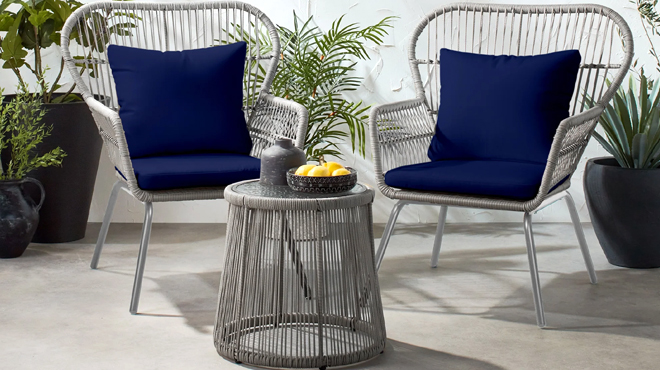 3 Piece Patio Wicker Bistro Set Gray with Navy