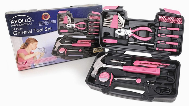 39 Piece General Household Tool Set in Toolbox Storage Case - Pink in white background