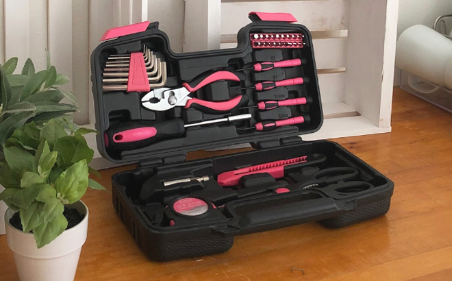 39 Piece General Household Tool Set in Toolbox Storage Case - Pink