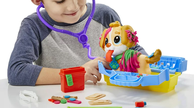 A Boy Playing with Play Doh Care n Carry Vet Playset