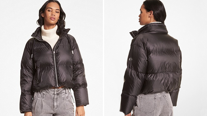 A Woman Wearing Michael Kors Cropped Quilted Puffer Jacket on the Left and Back View on the Right