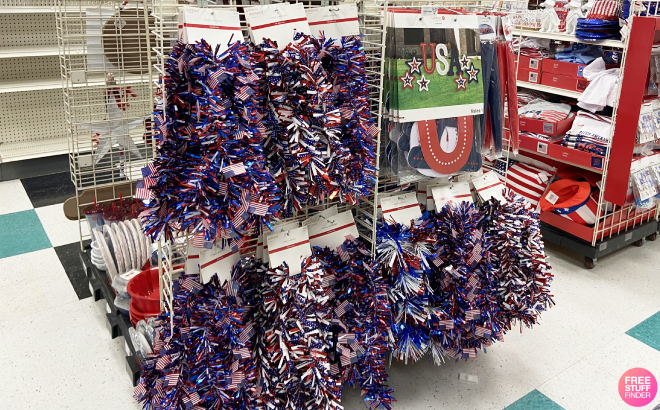 Ashland Red White Blue Tinsel Flag Garland