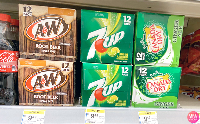 Canada Dry 7up and AW Root Beer 12 Packs on a Walmart Shelf