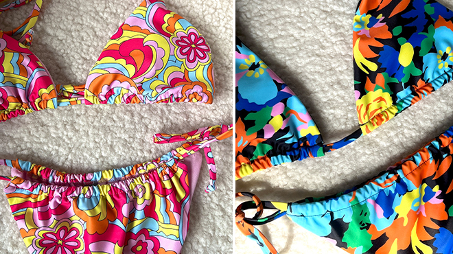 Charlotte Russe Floral Print Side Tie Bikini on the Left and Multicolor Floral Print Side Tie Bikini on the Right