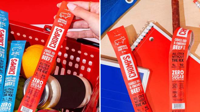 Chomps Beef Sticks in a Shopping Cart on the Left and Two of the Same Item on a Table on the Right