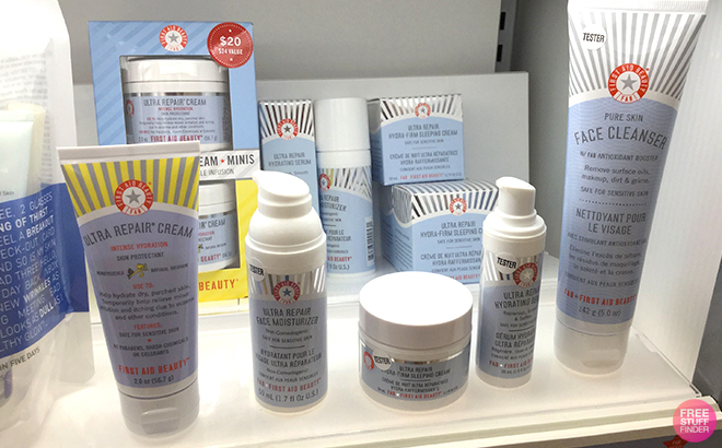 First Aid Beauty Skincare Products on a Shelf