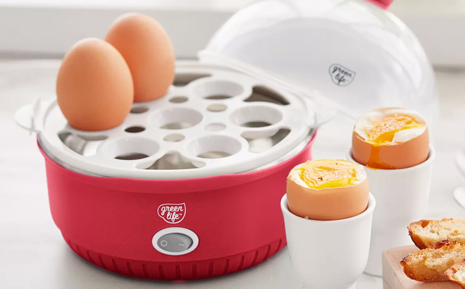 Four Eggs and GreenLife Qwik Egg Cooker in Red Color