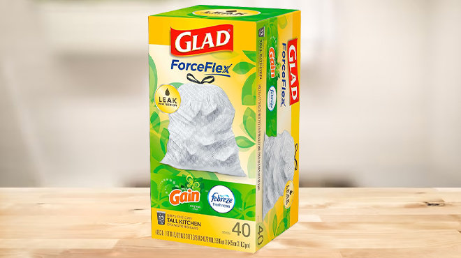 Glad ForceFlex Tall Kitchen Trash Bags 40 Count on a Table