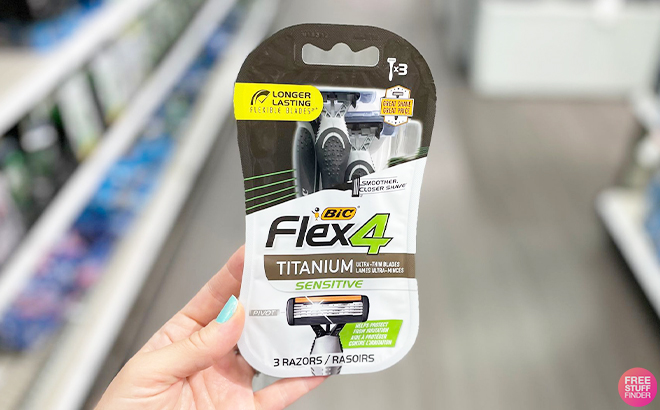 Hand Holding BiC Flex4 Titanium Sensitive Mens Disposable Razors 3 Count at Target