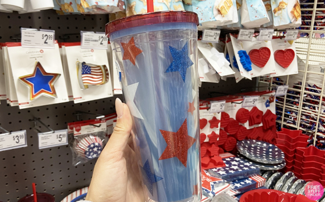 Hand Holding Red White Blue Glitter Stars Tumbler