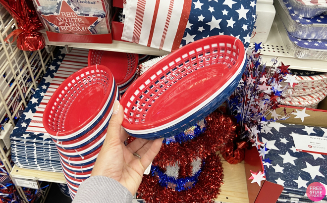 Hand Holding Red White Blue Party Food Baskets 6 Count