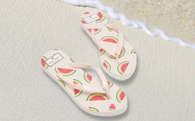 Kate Spade New Fiji Watermelon Flip Flops on Beach Sand