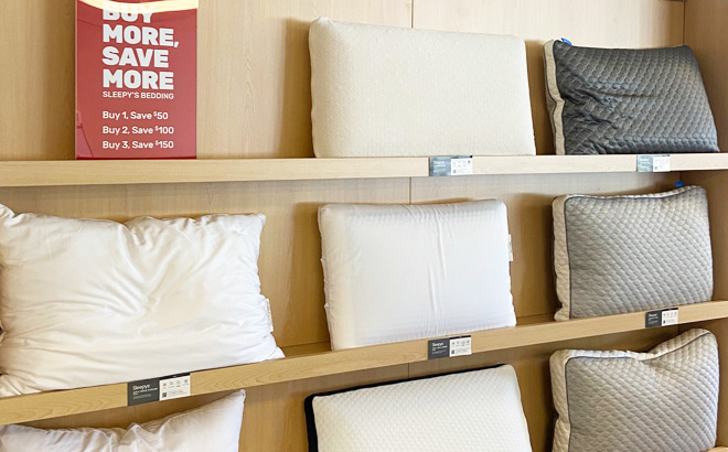 Mattress Firm Pillows on a Shelf