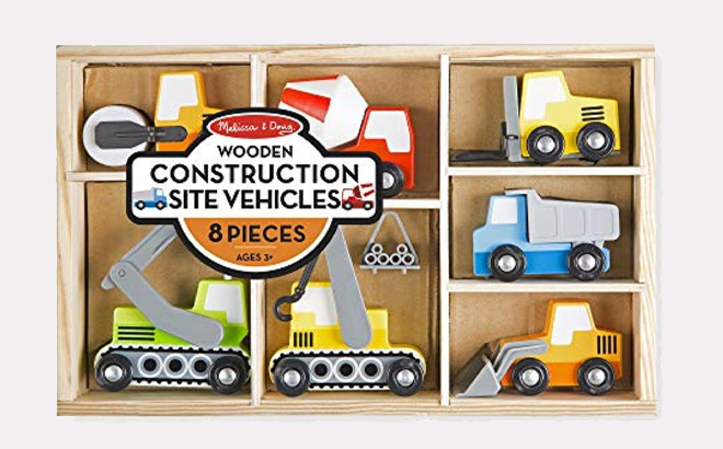 Melissa & Doug Wooden Construction Site Vehicles With Wooden Storage Tray 8 Piece Set