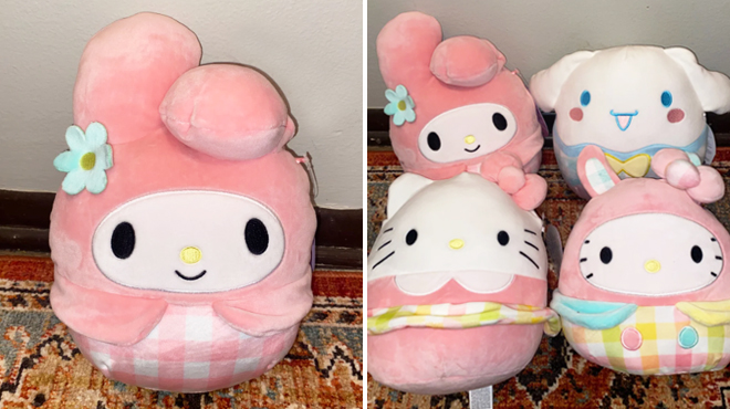 Melody Squishmallows on the Left and Four Hello Kitty and Friends Squishmallows on the Right