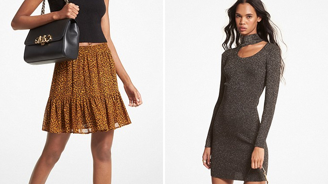 Michael Kors Leopard Print Skirt in Marigold on the Left and a Woman Wearing Michael Kors Dress on the Right