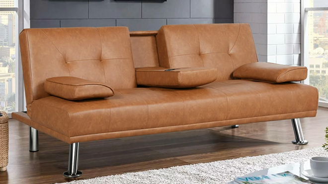 Convertible Sofa Futon 124 Shipped Free Stuff Finder   Modern Faux Leather Futon With Cupholders And Pillows In Brown Color 