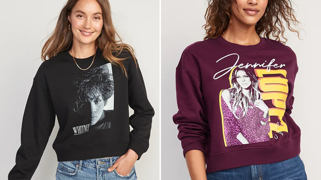 Old Navy Womens Oversized Licensed Rock Star Cropped Sweatshirts in Whitney Houston and Jennifer Lopez prints