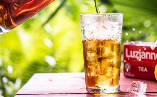 Pouring Luzianne Iced Tea on a Glass