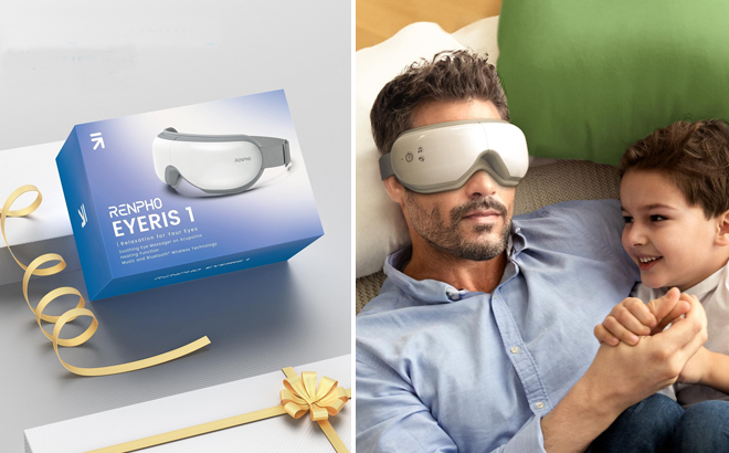 Renpho Heated Eye Massager in a Box and a Father Using a Renpho Heated Eye Massager